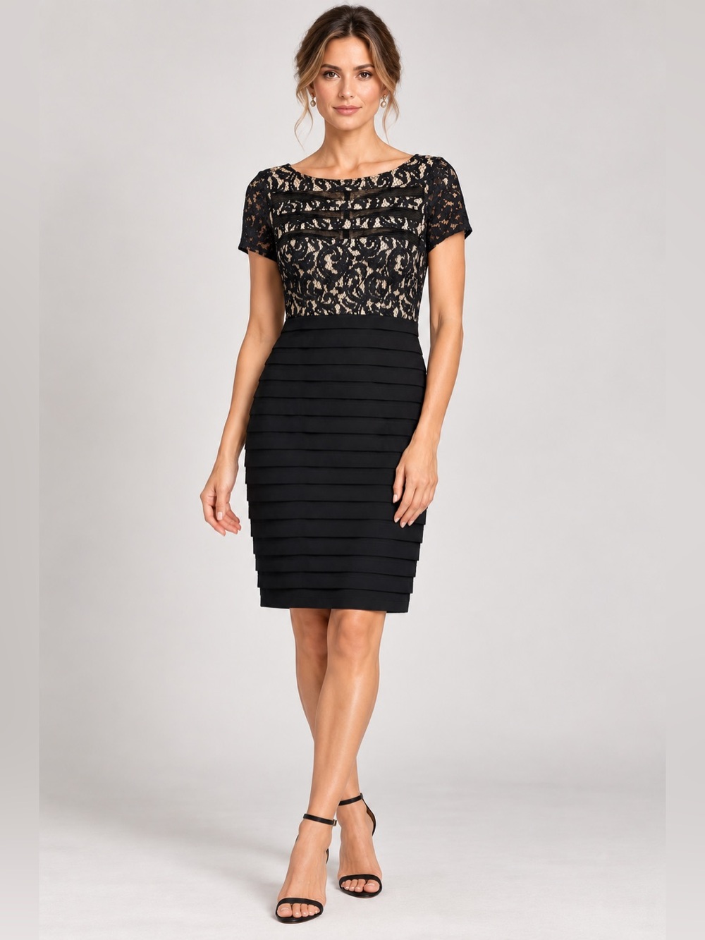 Adrianna Papell Womens Black Lace Pleated Sheath Dress 8 Cocktail Wedding Formal